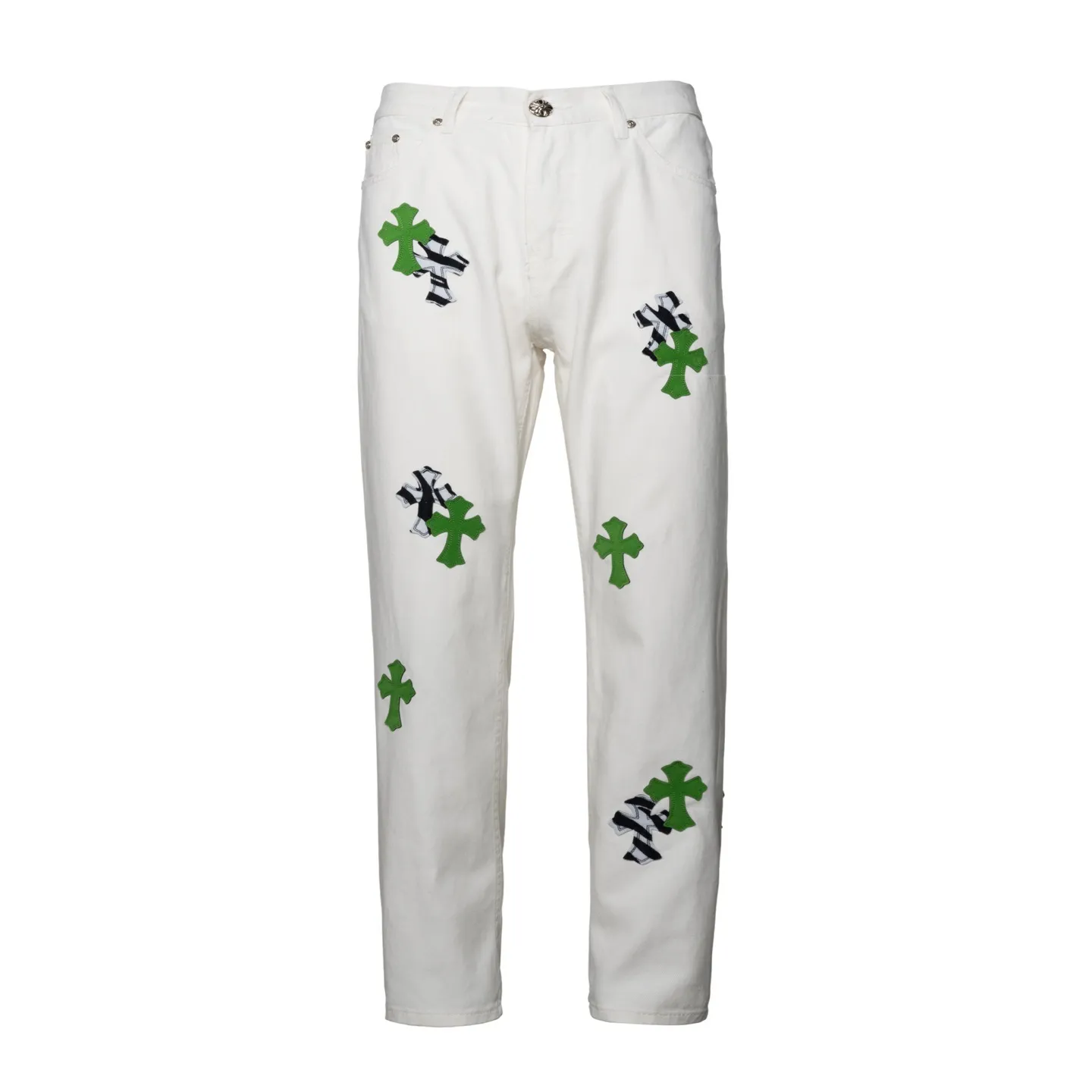 P220  跑量款） Chrome Hearts24SS 英伦限定 白拼苹果绿贴皮拼斑马牛仔裤- 克罗心里面颜色最能打的裤子啦啦啦 采用珠帆布面料，重工水洗使面料上身更有质感，裤型挺拔！ The three-dimensional cutting of the whole trousers is a masterpiece! The hardware is customized by zp. The beaded canvas fabric is thick and soft after being washed. It has good breathability. Customized small leather label. Unique design. The details are simple and elegant, and the workmanship is exquisite. The whole trousers are neatly routed and the details are in place! It’s so cool that both men and women can easily control the genderless trend! Style number: 1640# Color: white green Size: 28 30 32 34